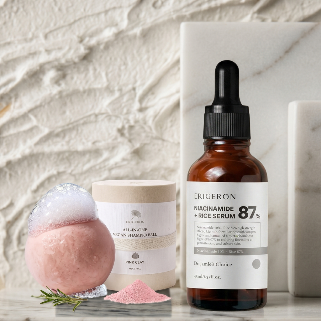 Pink Clay Shampoo Ball + Niacinamide 87% Rice Serum Set
