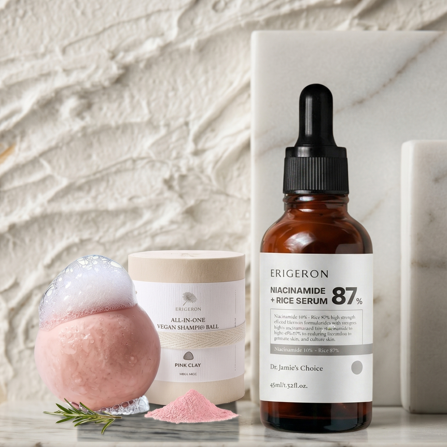 Pink Clay Shampoo Ball + Niacinamide 87% Rice Serum Set