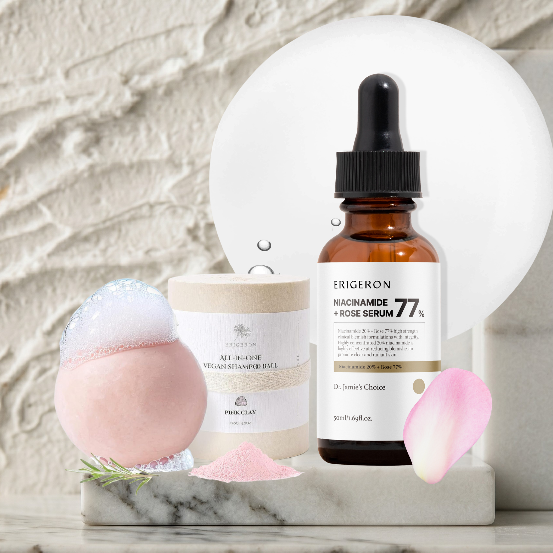 Pink Clay Shampoo Ball + Niacinamide Rose Serum Set