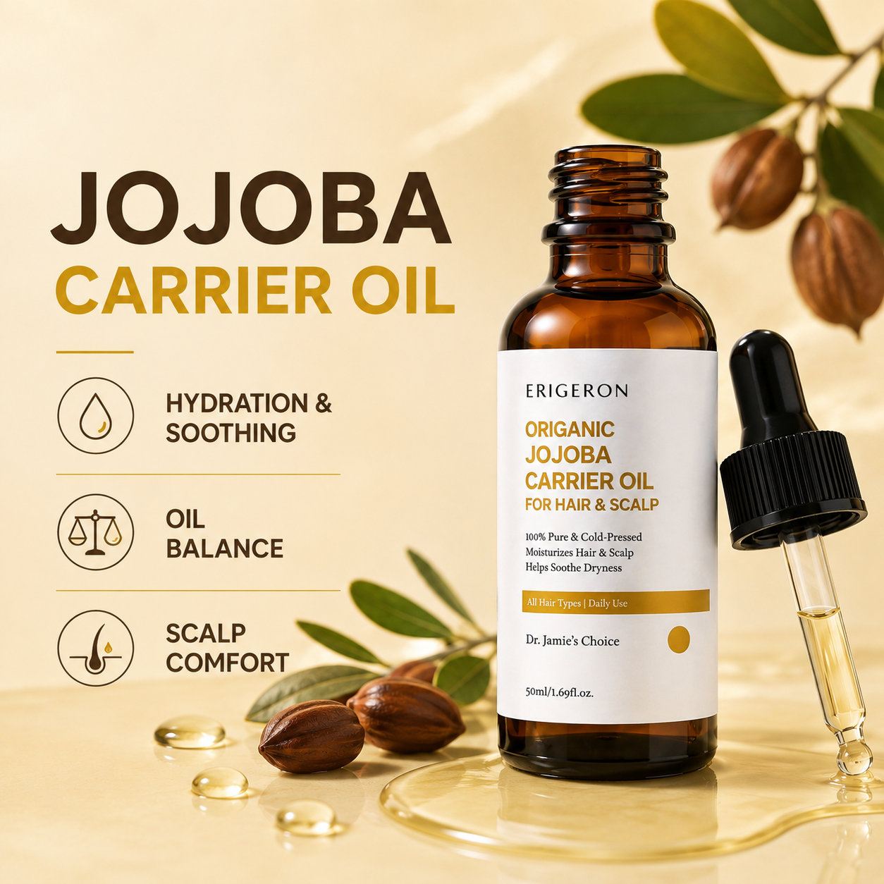 Organic Jojoba Oil for Balance Hair & Scalp – Hydrating Scalp Treatment, Daily Essential Oil