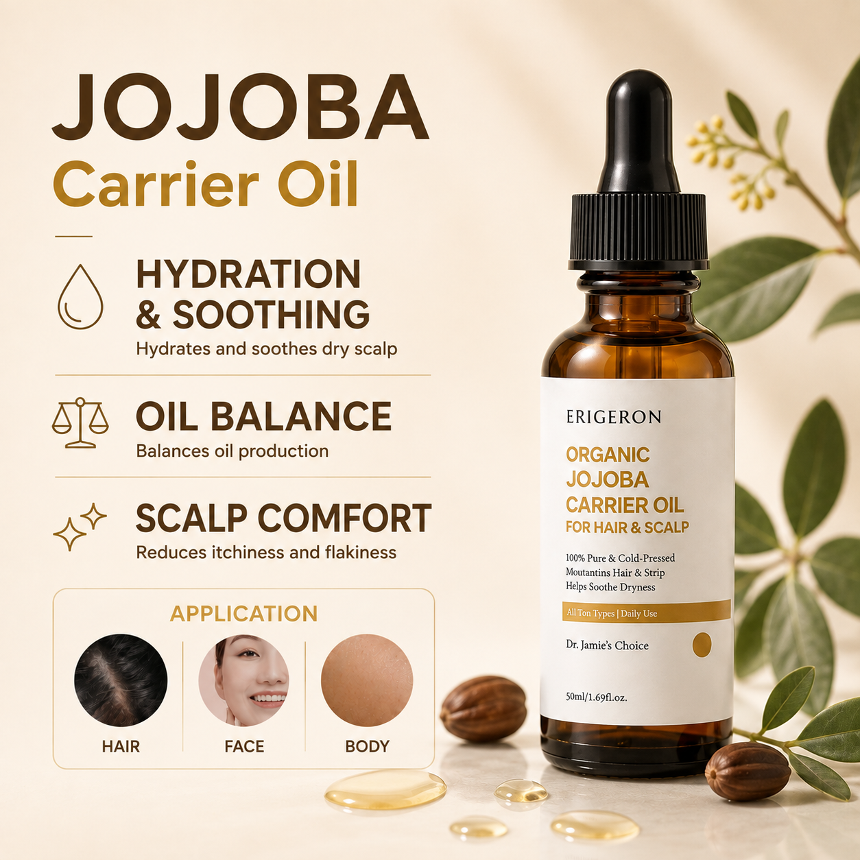 Organic Jojoba Oil for Balance Hair & Scalp – Hydrating Scalp Treatment, Daily Essential Oil